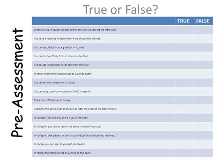 Pre-Assessment TrueFalse. True or False? TRUEFALSE When serving in squash the ball can hit the side wall before the front wall. You have a let serve in.