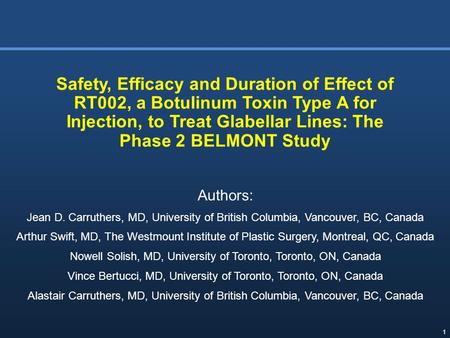 Safety, Efficacy and Duration of Effect of RT002, a Botulinum Toxin Type A for Injection, to Treat Glabellar Lines: The Phase 2 BELMONT Study Authors: