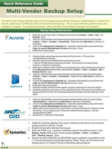 Quick Reference Guide The Multi-Vendor Backup Manager allows you to manage backup software settings on multiple agents in one place for Acronis, AppAssure,