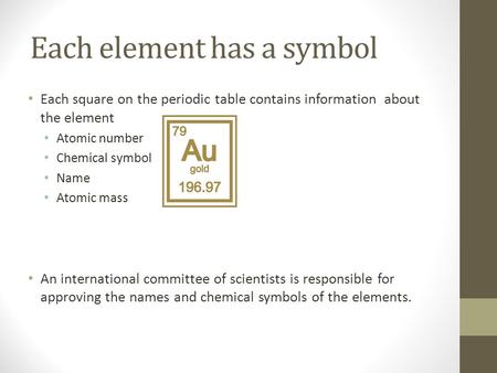 Each element has a symbol Each square on the periodic table contains information about the element Atomic number Chemical symbol Name Atomic mass An international.