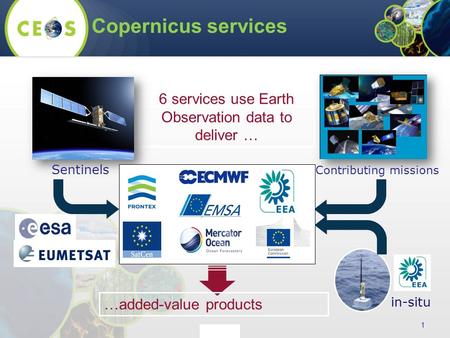 Copernicus services 1 6 services use Earth Observation data to deliver … Sentinels Contributing missions in-situ …added-value products.