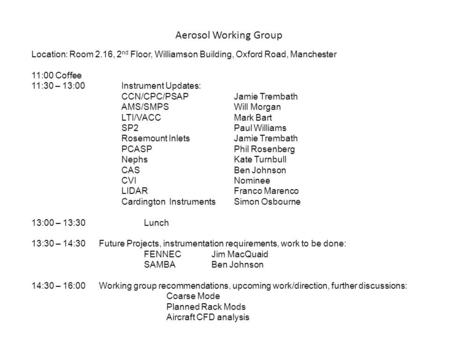 Aerosol Working Group Location: Room 2.16, 2 nd Floor, Williamson Building, Oxford Road, Manchester 11:00 Coffee 11:30 – 13:00Instrument Updates: CCN/CPC/PSAPJamie.