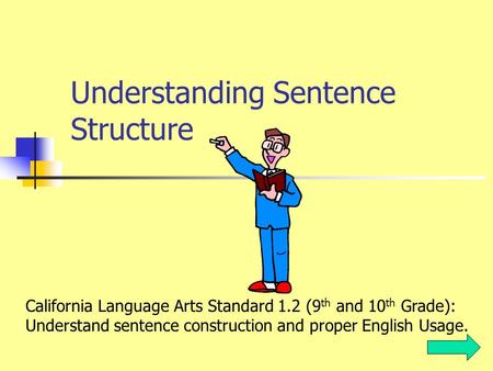 Understanding Sentence Structure California Language Arts Standard 1.2 (9 th and 10 th Grade): Understand sentence construction and proper English Usage.