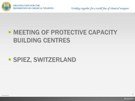 Working together for a world free of chemical weapons www.opcw.org  MEETING OF PROTECTIVE CAPACITY BUILDING CENTRES  SPIEZ, SWITZERLAND 08 June 2016.