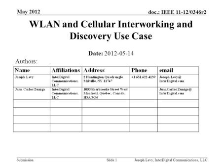 Submission doc.: IEEE 11-12/0346r2 WLAN and Cellular Interworking and Discovery Use Case Date: 2012-05-14 Slide 1Joseph Levy, InterDigital Communications,