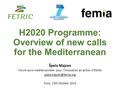 H2020 Programme: Overview of new calls for the Mediterranean Špela Majcen Forum euro-mediterranneen pour l‘innovation en action (FEMIA)