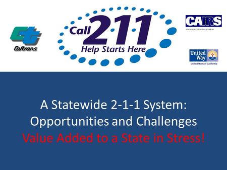 A Statewide 2-1-1 System: Opportunities and Challenges Value Added to a State in Stress! California Alliance of Information and Referral Service.