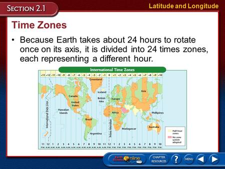 Time Zones Because Earth takes about 24 hours to rotate once on its axis, it is divided into 24 times zones, each representing a different hour. Latitude.