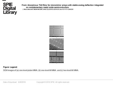 Date of download: 5/28/2016 Copyright © 2016 SPIE. All rights reserved. SEM images of (a) one-level piston MMA, (b) one-level tilt MMA, and (c) two-level.