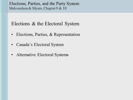 Elections, Parties, and the Party System Malcomlson & Myers, Chapter 9 & 10 Elections & the Electoral System Elections, Parties, & Representation Canada’s.