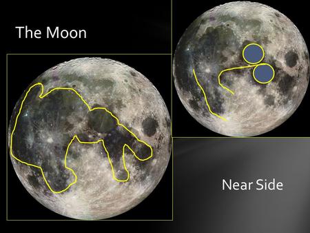 The Moon Near Side. The moon was once a part of Earth. A large object, pulled by Earth’s gravity, knocked it off. The moon is about ¼ the diameter of.