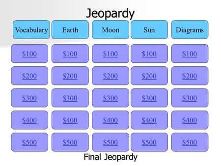 Jeopardy $100 VocabularyEarthMoonSunDiagrams $200 $300 $400 $500 $400 $300 $200 $100 $500 $400 $300 $200 $100 $500 $400 $300 $200 $100 $500 $400 $300.