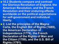 10.2 Students compare and contrast the Glorious Revolution of England, the American Revolution, and the French Revolution and their enduring effects worldwide.