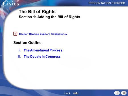 Section Outline 1 of 7 The Bill of Rights Section 1: Adding the Bill of Rights I.The Amendment Process II.The Debate in Congress Section Reading Support.