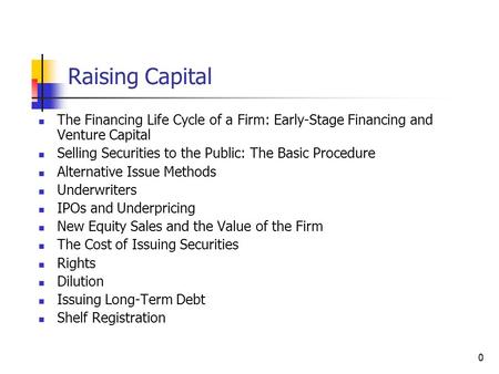 0 Raising Capital The Financing Life Cycle of a Firm: Early-Stage Financing and Venture Capital Selling Securities to the Public: The Basic Procedure Alternative.