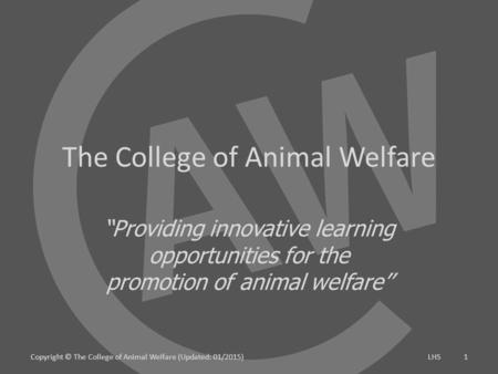 The College of Animal Welfare “Providing innovative learning opportunities for the promotion of animal welfare’’ 1LHSCopyright © The College of Animal.