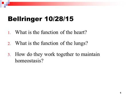 Bellringer 10/28/15 1. What is the function of the heart? 2. What is the function of the lungs? 3. How do they work together to maintain homeostasis?