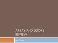 ARRAY AND LOOPS REVIEW Mr. Crone. What will the code below print? int[] arry = {2, 5, 2, 1, 3}; for(int i = 0; i < 5; i ++) System.out.print(arry[i]);