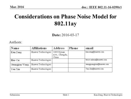 Submission doc.: IEEE 802.11-16-0390r1 Mar. 2016 Kun Zeng, Huawei TechnologiesSlide 1 Considerations on Phase Noise Model for 802.11ay Date: 2016-03-17.