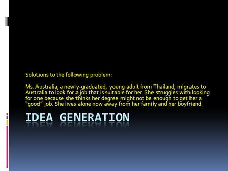 Solutions to the following problem: Ms. Australia, a newly-graduated, young adult from Thailand, migrates to Australia to look for a job that is suitable.