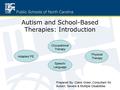 Autism and School-Based Therapies: Introduction Adapted PE Occupational Therapy Physical Therapy Speech/ Language Prepared By: Claire Greer, Consultant.