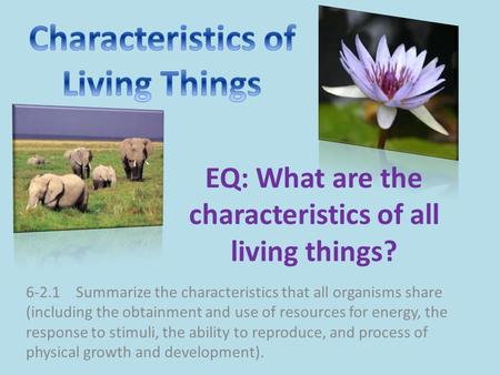 6-2.1Summarize the characteristics that all organisms share (including the obtainment and use of resources for energy, the response to stimuli, the ability.