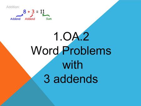 1.OA.2 Word Problems with 3 addends. 1.OA.2 STANDARD Solve word problems that call for addition of three whole numbers whose sum is less than or equal.