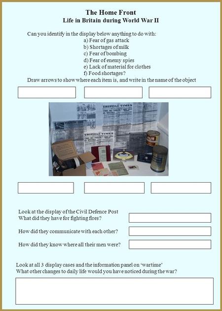 The Home Front Life in Britain during World War II Can you identify in the display below anything to do with: a) Fear of gas attack b) Shortages of milk.