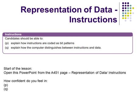 Representation of Data - Instructions Start of the lesson: Open this PowerPoint from the A451 page – Representation of Data/ Instructions How confident.