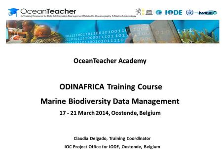 Claudia Delgado, Training Coordinator IOC Project Office for IODE, Oostende, Belgium OceanTeacher Academy ODINAFRICA Training Course ODINAFRICA Training.