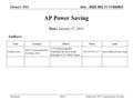 Doc.: IEEE 802.11-11/0046r2 January 2011 Stefan Aust, NEC Communication Systems Submission Slide 1 AP Power Saving Authors: Date: January 15, 2011 NameCompanyAddressPhoneemail.