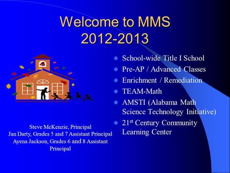 Welcome to MMS 2012-2013 School-wide Title I School Pre-AP / Advanced Classes Enrichment / Remediation TEAM-Math AMSTI (Alabama Math Science Technology.