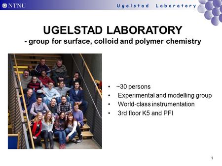 U g e l s t a d L a b o r a t o r y UGELSTAD LABORATORY - group for surface, colloid and polymer chemistry ~30 persons Experimental and modelling group.