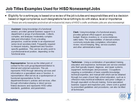 - 1 - FINAL_NOScript_JDVerificationTraining5.18.09.pptx Job Titles Examples Used for HISD Nonexempt Jobs Assistant: Using knowledge of a functional area(s),