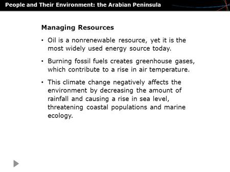 Managing Resources Oil is a nonrenewable resource, yet it is the most widely used energy source today. Burning fossil fuels creates greenhouse gases, which.