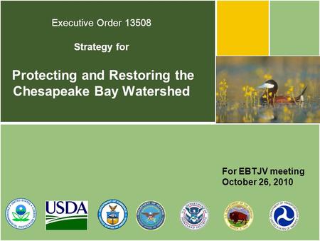 For EBTJV meeting October 26, 2010 Executive Order 13508 Strategy for Protecting and Restoring the Chesapeake Bay Watershed.