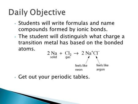 Students will write formulas and name compounds formed by ionic bonds. The student will distinguish what charge a transition metal has based on the bonded.