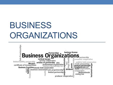 BUSINESS ORGANIZATIONS. Business Organizations An enterprise that produces goods or provides services in order to make a profit A business can be organized.