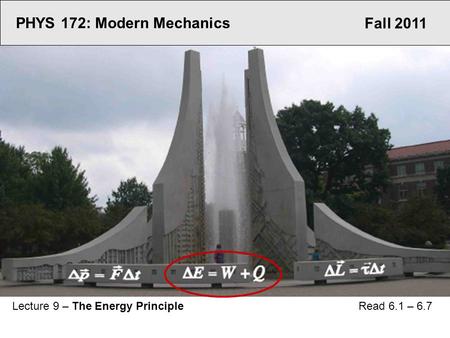 Fall 2011 PHYS 172: Modern Mechanics Lecture 9 – The Energy Principle Read 6.1 – 6.7.