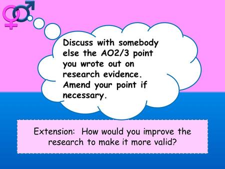 Extension: How would you improve the research to make it more valid? Discuss with somebody else the AO2/3 point you wrote out on research evidence. Amend.