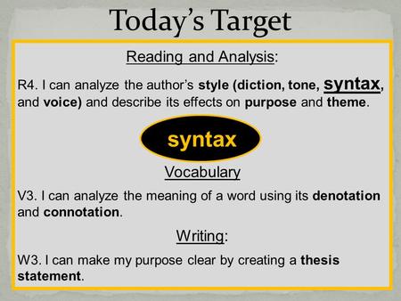 Reading and Analysis: R4. I can analyze the author’s style (diction, tone, syntax, and voice) and describe its effects on purpose and theme. Vocabulary.