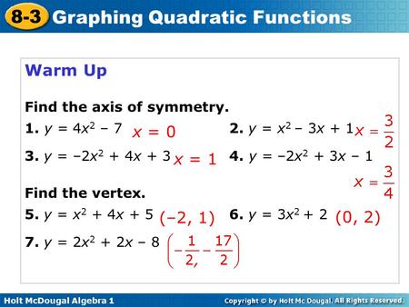 Warm Up x = 0 x = 1 (–2, 1) (0, 2) Find the axis of symmetry.