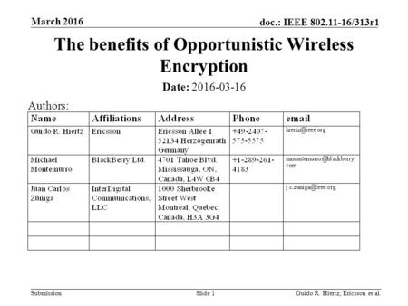 Submission doc.: IEEE 802.11-16/313r1 March 2016 Guido R. Hiertz, Ericsson et al.Slide 1 The benefits of Opportunistic Wireless Encryption Date: 2016-03-16.