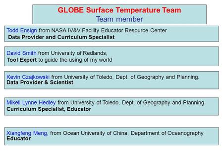 GLOBE Surface Temperature Team Team member Todd Ensign from NASA IV&V Facility Educator Resource Center Data Provider and Curriculum Specialist David Smith.