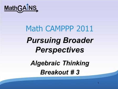 1 Math CAMPPP 2011 Pursuing Broader Perspectives Algebraic Thinking Breakout # 3.