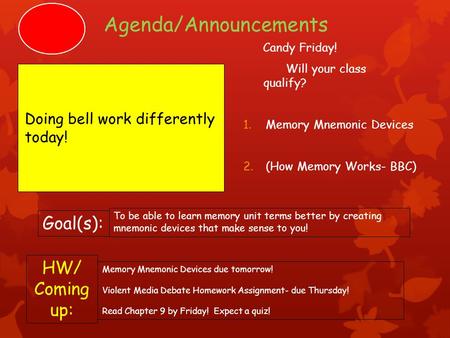 Agenda/Announcements Candy Friday! Will your class qualify? 1.Memory Mnemonic Devices 2.(How Memory Works- BBC) HW/ Coming up: Memory Mnemonic Devices.