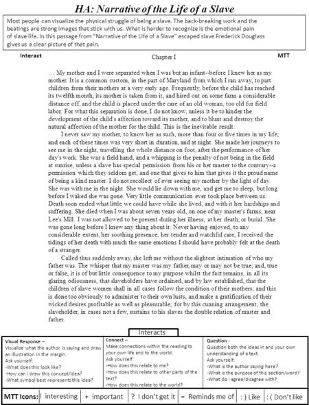 HA: Narrative of the Life of a Slave InteractMTT Most people can visualize the physical struggle of being a slave. The back-breaking work and the beatings.