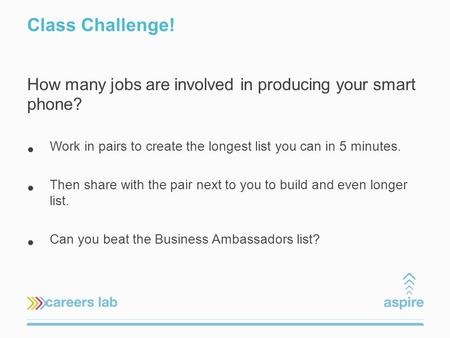 Class Challenge! How many jobs are involved in producing your smart phone? Work in pairs to create the longest list you can in 5 minutes. Then share with.