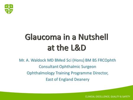 Mr. A. Waldock MD BMed Sci (Hons) BM BS FRCOphth Consultant Ophthalmic Surgeon Ophthalmology Training Programme Director, East of England Deanery.