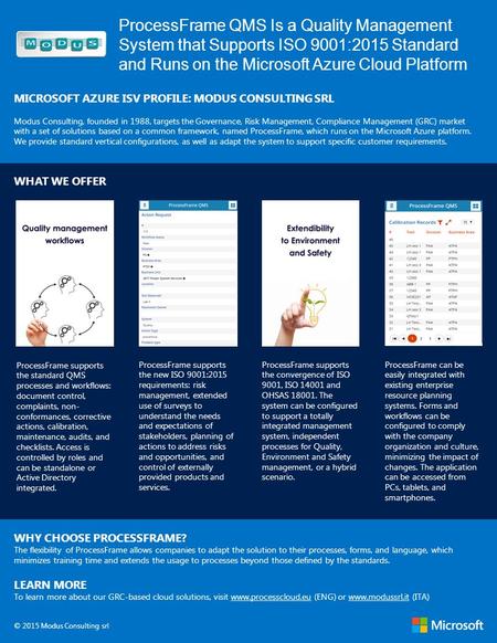 ProcessFrame QMS Is a Quality Management System that Supports ISO 9001:2015 Standard and Runs on the Microsoft Azure Cloud Platform MICROSOFT AZURE ISV.